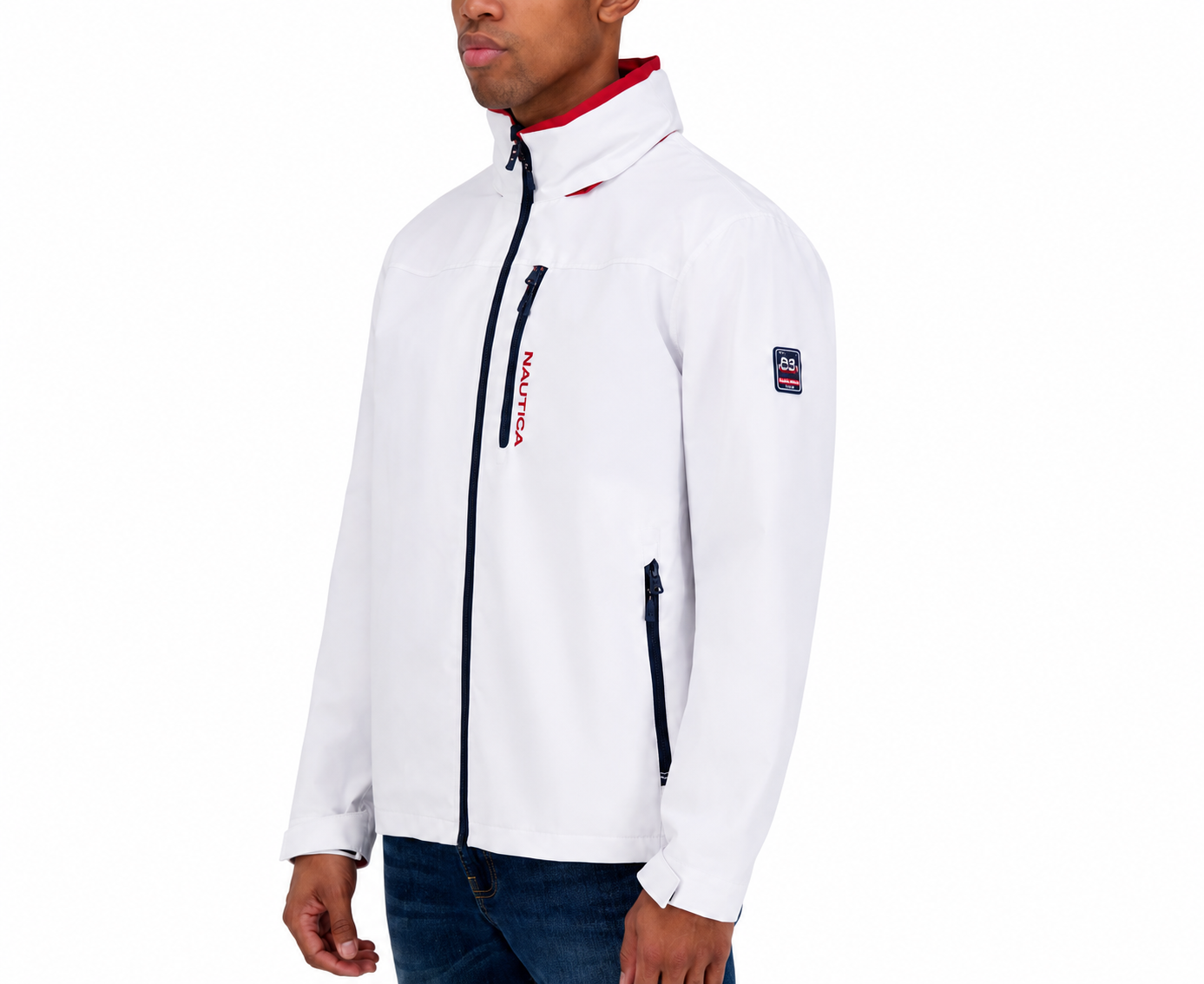 Nautica Sailing Jacket Men's L Full Zip White Tuck Away Hood MSRP