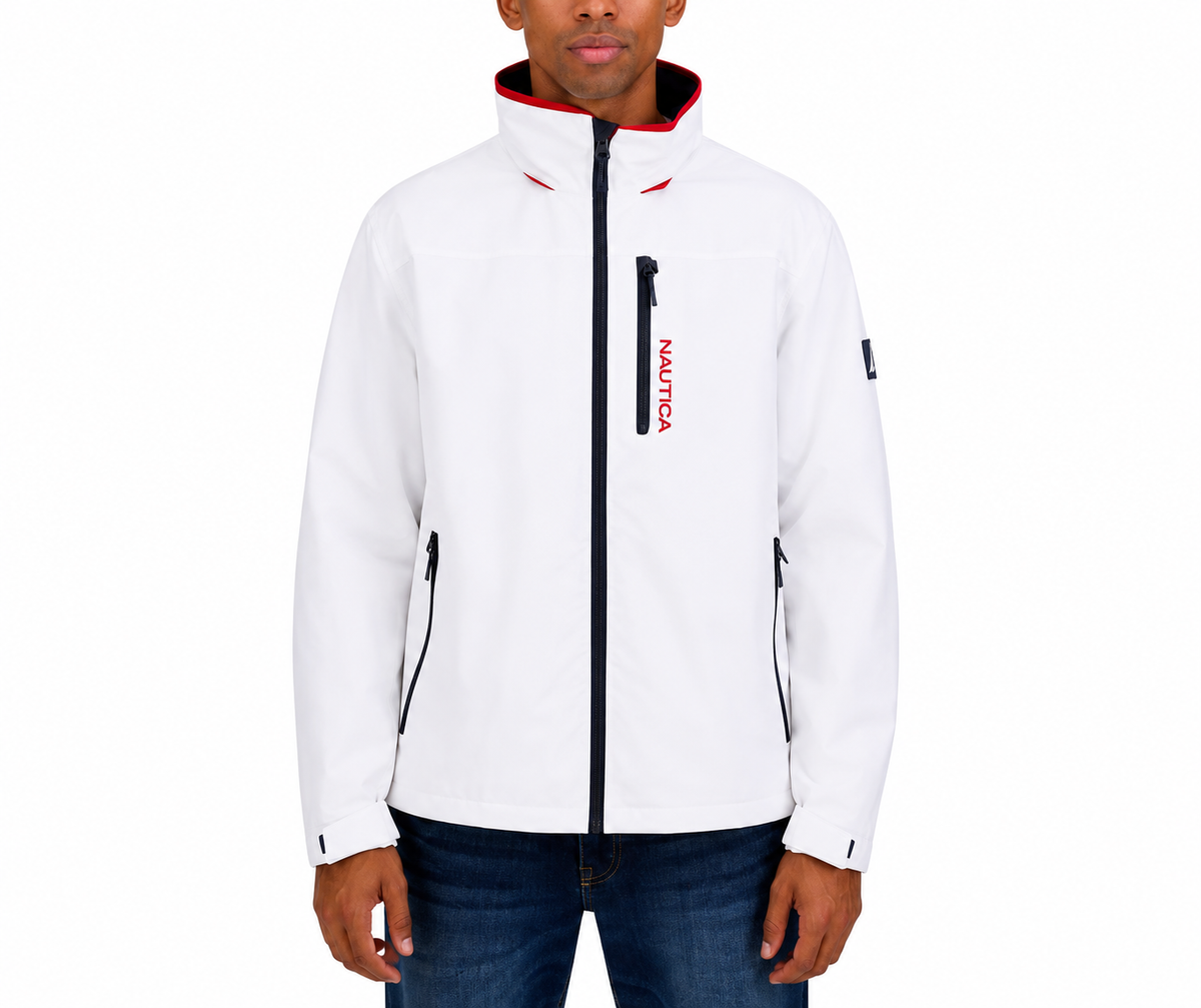 Nautica Sailing Jacket Men's L Full Zip White Tuck Away Hood MSRP