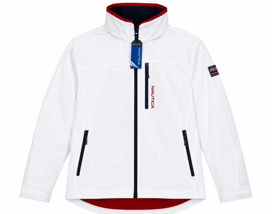Nautica Sailing Jacket Men's L Full Zip White Tuck Away Hood MSRP