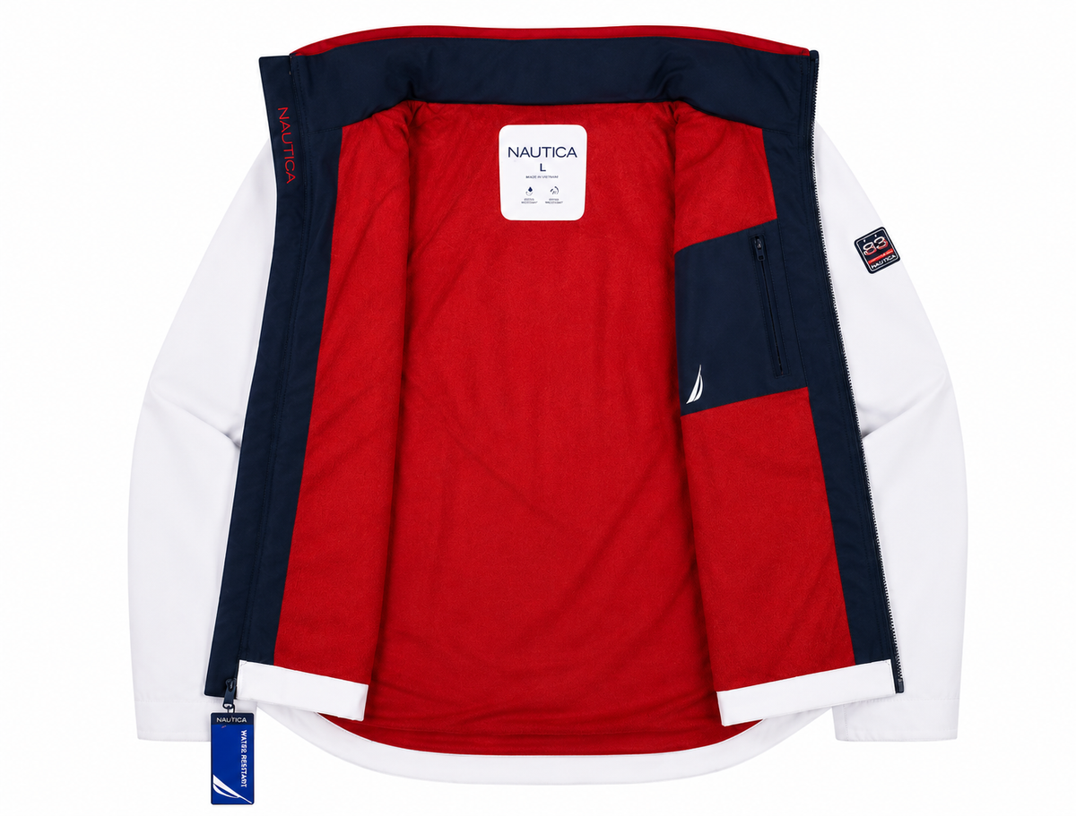 Nautica Sailing Jacket Men's L Full Zip White Tuck Away Hood MSRP